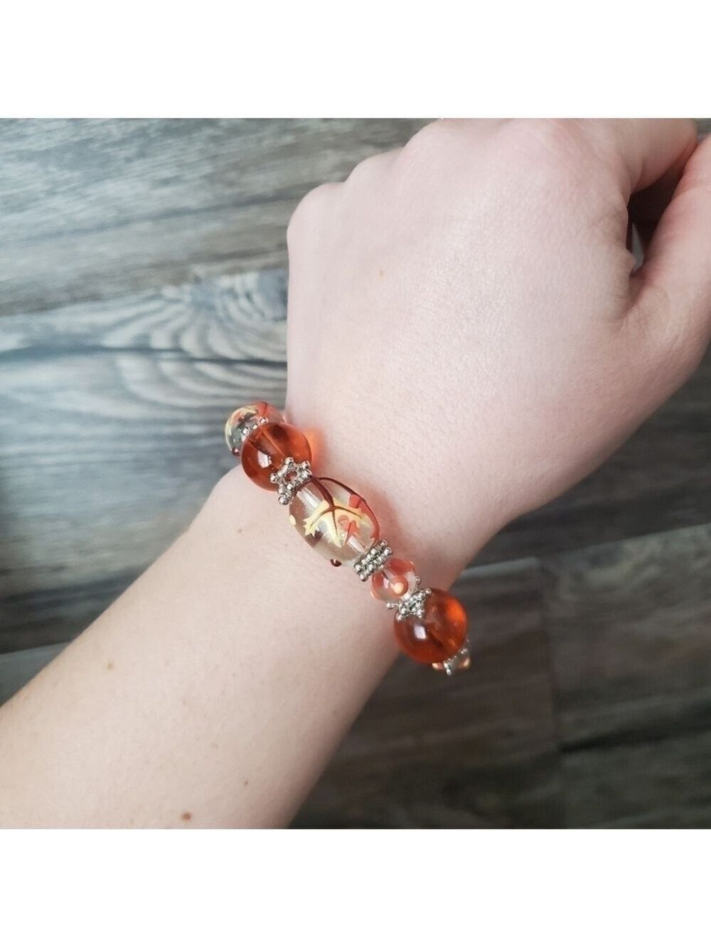 Hand Painted Fall Leaves Stretchy Bracelet Orange Hues